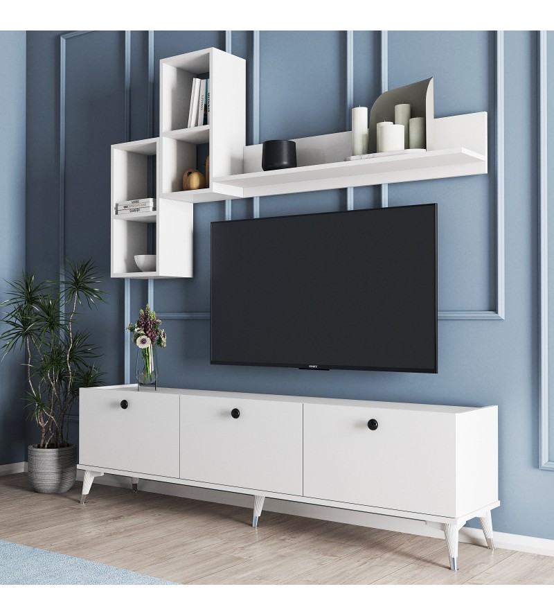 Moxen Mobilya Moxen Mt1 Mira Duvar Raflı Tv Sehpası - Kitaplıklı Tv Ünitesi Modern Beyaz