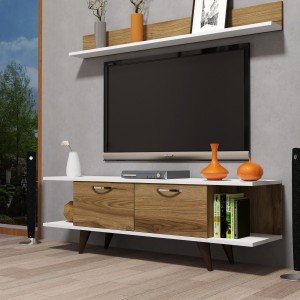 Moxen T1 Duvar Raflı Tv Sehpası - Kitaplıklı Tv Ünitesi Modern  Beyaz Ceviz