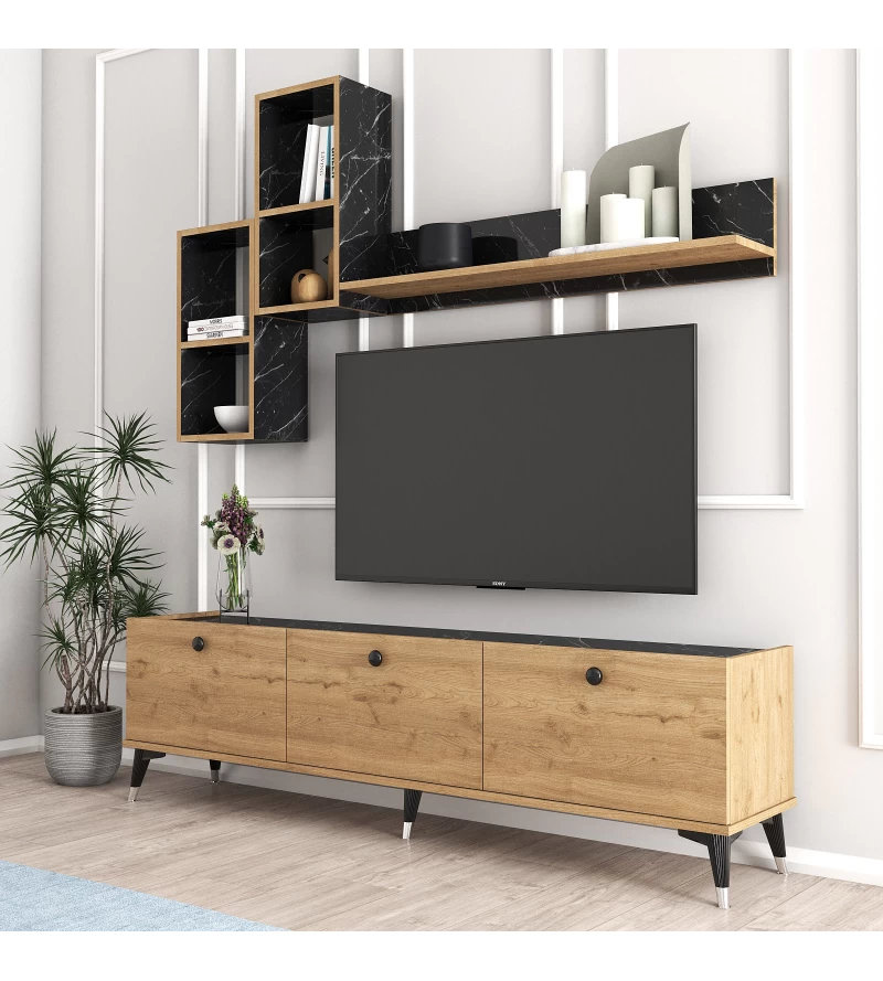 Moxen Mobilya Moxen Mt1 Mira Duvar Raflı Tv Sehpası - Kitaplıklı Tv Ünitesi Modern Bendir