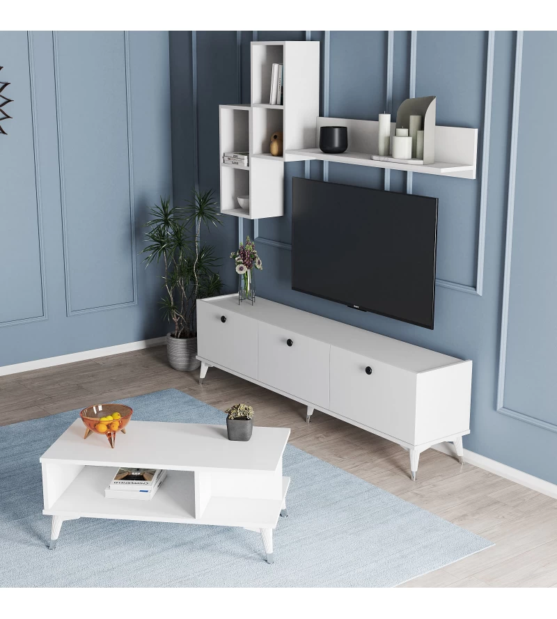 Moxen Mobilya Moxen Mts1 Mira Duvar Raflı Tv Sehpası - Kitaplıklı Tv Ünitesi Ve Orta Sehpa Beyaz